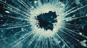 destrozado vaso fragmentación con grietas y agudo bordes capturado en alto detalle en un oscuro antecedentes video