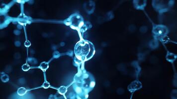 abstract vertegenwoordiging van een moleculair structuur met gloeiend blauw deeltjes en ingewikkeld netwerken Aan een donker achtergrond video