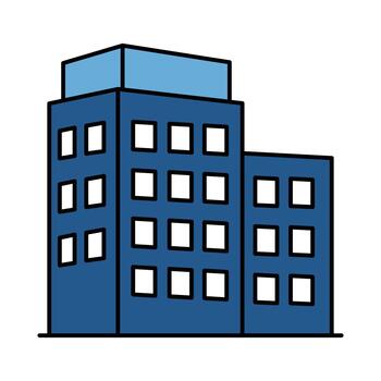 A modern blue multistory building with numerous square windows and a light blue rooftop structure, depicted in a clean, outlined cartoon style. vector