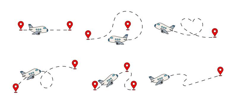 Set illustrations of plane flying with dashed line route to red location pin. Travel and navigation concept. For poster, banner, invitation, postcard. vector