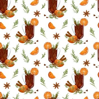 Mulled wine with cinnamon, oranges and rosemary seamless pattern. Red punch with fruits and spices. Christmas warm beverage. Gluhwein print design for menu, prints vector