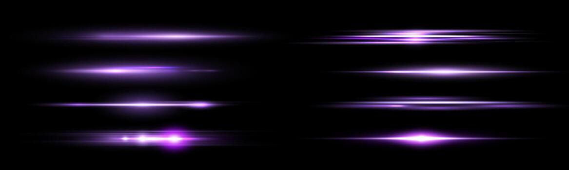 Purple horizontal lens flares set. Sun flash with rays or spotlight and bokeh. Glow flare light effect. Isolated on black background. illustration. vector