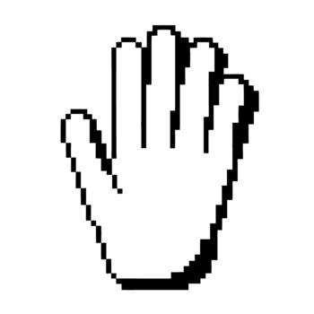 Pixel art open hand symbol, digital stop gesture icon, black and white retro computer mouse pointer illustration vector