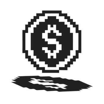 Retro pixel dollar coin symbol with shadow black and white digital currency icon, financial technology, blockchain concept vector