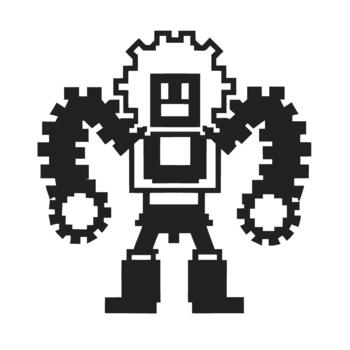 Pixel art mechanical robot with gear arms retro cyborg character, monochrome engineering figure, futuristic automation vector