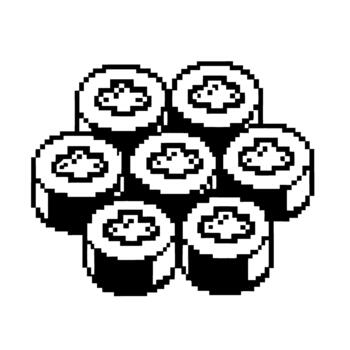 Pixel art sushi rolls arranged in a hexagonal pattern minimalist black and white retro digital food illustration vector