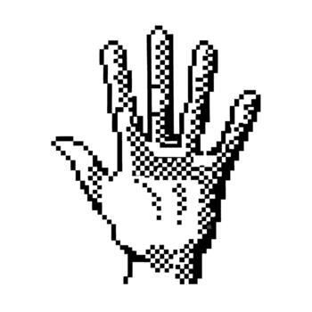 Pixel art human hand raised with open palm retro digital illustration, black and white minimalistic 8 bit design vector
