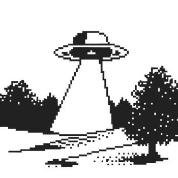 Pixel art ufo with beam of light abducting object black and white alien spaceship in night forest, retro digital illustration vector
