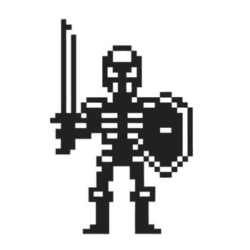 Pixel skeleton warrior with sword and shield retro 8 bit game character, black and white icon, fantasy battle concept vector