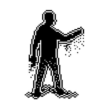Pixelated silhouette of human figure dissolving into particles digital decay, glitch effect, retro pixel art, isolated on white vector