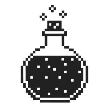 Pixel art potion bottle icon retro 8 bit fantasy container with sparkling magical liquid, classic alchemy elixir symbol vector
