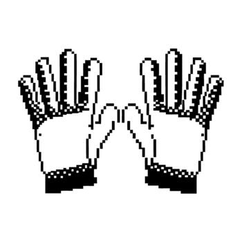 Raised open hands in black and white pixel art style, digital minimal design, retro computer graphic, technology gesture icon vector