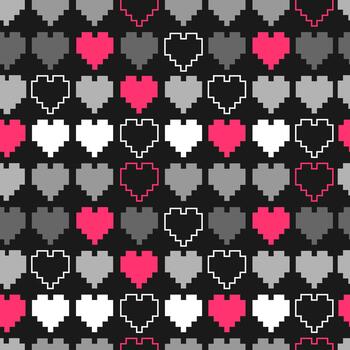 sin costura modelo presentando pixelado corazones en un negro fondo, diseñado en retro 8 poco estilo, para san valentin día gráficos, envase papel, digital antecedentes, y juego inspirado diseños vector