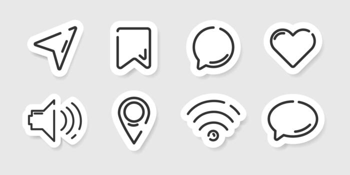 Social Media Interface Icon Stickers Set in a minimal style, chat, location, heart, bookmark, wifi, and sound symbols for UI UX design, apps, social media, web elements, digital marketing. vector