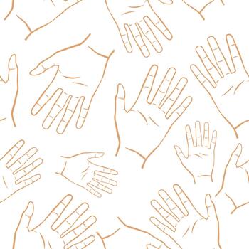 Seamless hand-drawn outline pattern featuring various open hand gestures in a simple, minimalist style vector