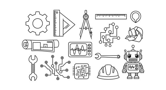 Engineer design elements including robot with diverse technological and mechanical tools vector