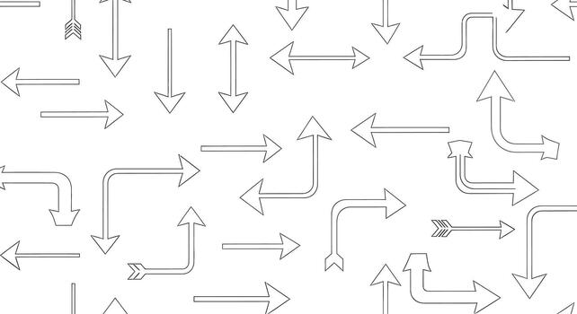 Dynamic assortment of simple monochromatic arrow designs indicating directionality and navigation vector