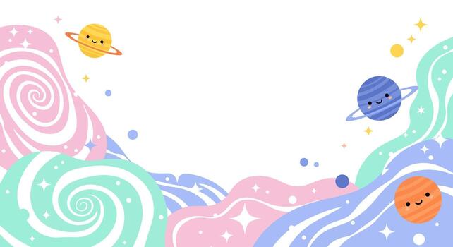 Delightful cartoon planets and cosmic swirls creating a playful abstract galaxy backdrop vector