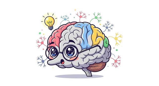 Animated brain character with glasses generating bright ideas and new concepts vector