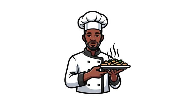 Smiling black chef presenting a hot, appetizing dish with style and professional charm vector