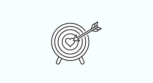 Minimalist line art of an arrow hitting a heart in the center of a target vector