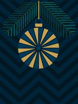 Christmas card with pine branch and striped round ornament on dark abstract background, festive greeting and space for text vector