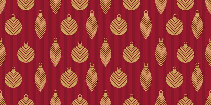 Seamless pattern with geometric Christmas decorations of various shapes on dark red striped background. Suitable for textiles, packaging and festive layouts vector