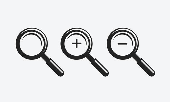 A set of magnifying glass icons showing search, zoom in, and zoom out functions. vector