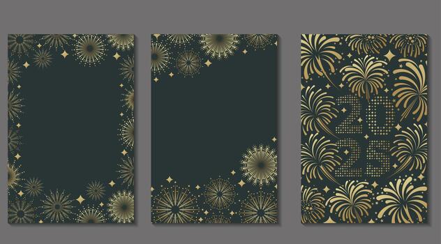 Dark luxurious New Year greeting card with glowing gold fireworks and ornament patterns. vector