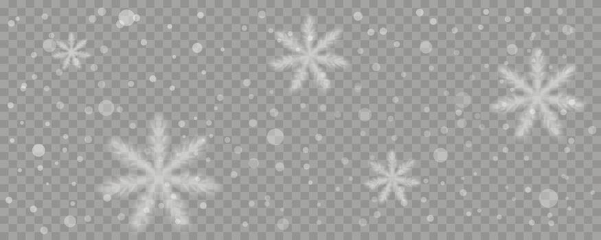 Realistic heavy snowfall with blurring snowflakes and bokeh effect, winter overlay isolated on checkered background. Editable illustration. vector