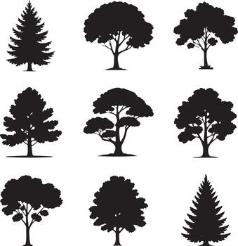 colección de silueta arboles en varios formas y estilos vector