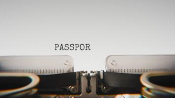 Old mechanical typewriter typing Passport Check in a close up view, with metal letters striking the white paper. video