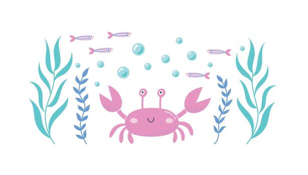 Funny Crab in Algae and Bubbles Around It vector