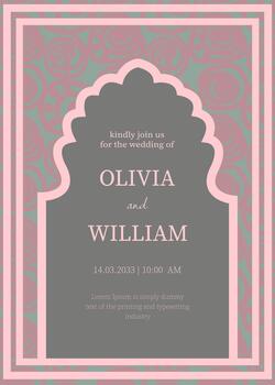 Stylish geometric layout with a scalloped arch frame, soft pink accents, and abstract circular patterns, all designed in a refined minimalist style for an elegant celebratory announcement. vector