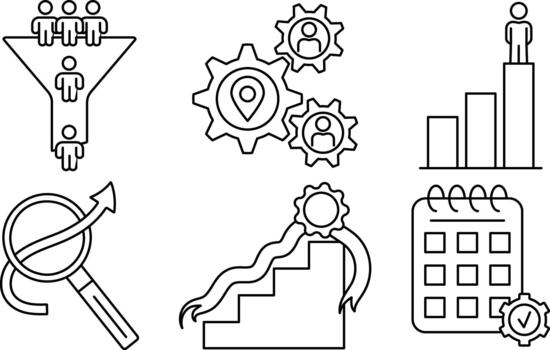 Workforce planning line icon set featuring hiring funnel, skill mapping gears, growth chart, analytics search, career step, and planning calendar vector