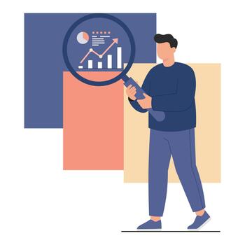 Modern Flat Design Illustration of a Person Interacting with a Magnifying Glass and Abstract Data Points, Symbolizing In Depth SEO Analysis and Digital Marketing Insights vector