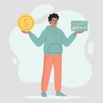 un cautivador, minimalista ilustración de un diverso persona sin esfuerzo equilibrio un grande moneda y un crédito tarjeta, simbolizando moderno financiero equilibrio, inteligente inversión estrategias, y el vector