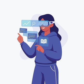 Modern Illustration of a Diverse Student Engaged in Immersive Online Learning with Augmented Reality, Symbolizing Accessible and Future-Forward Education and Digital Skill Development vector