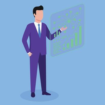 dinámica minimalista ilustración de un persona interactuando con un flotante holográfico datos cuadro, representando intuitivo máquina aprendizaje análisis y real hora datos visualización para estratégico negocio vector