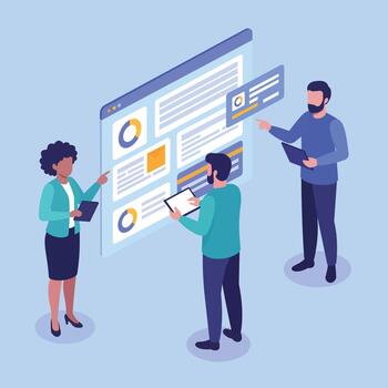 Modern Minimalist Illustration of Diverse Business Professionals Collaborating Digitally on a Unified Dashboard to Symbolize Seamless Digital Transformation and Technological Integration in Business vector