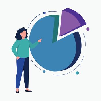 Minimalist Illustration of a Professional Analyzing an Interactive 3D Pie Chart to Represent Comprehensive Data Insights and Strategic Decision Making vector