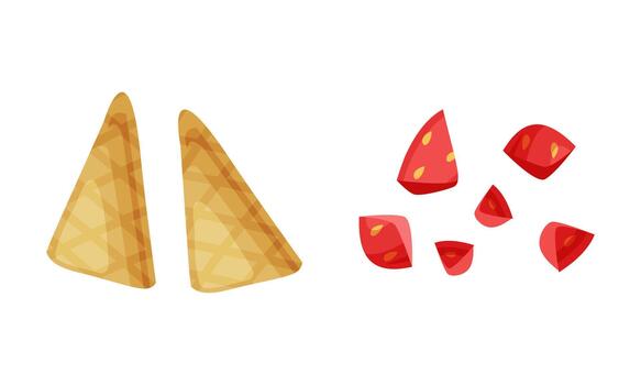 Waffle and Strawberry Slabs as Ice Cream Dessert Element for Topping Sprinkle Set vector