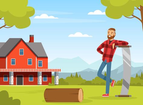 Man with saw by red house vector