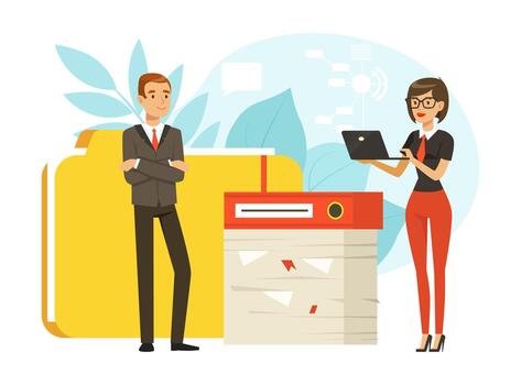 Office workers managing files and technology vector