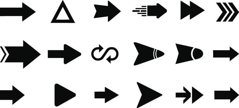 Assorted black arrow icons pointing right on a white background vector