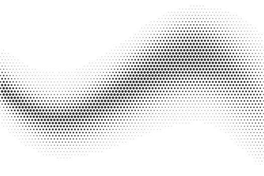 Dotted abstract wave with half tone effect on white background. Pixel gradient with black circles. Retro minimal semitone illustration. Futuristic bitmap art. vector