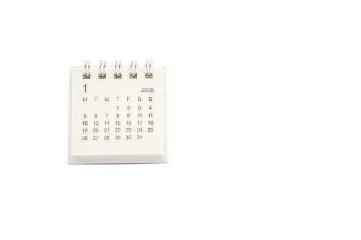 Minimal Desk Calendar Displaying January 2026 isolated on white Background. new beginnings, planning, organization, and time management for the start of a new year. Copy space photo