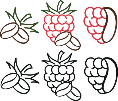 set of icons on the theme of different coffee flavors, namely a combination of coffee and ripe pink raspberry fruits in line art style vector