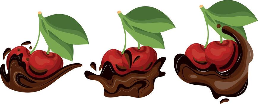 set of icons of ripe red cherries in various splashes of melted dark chocolate, for thematic printing, social networks or web design vector