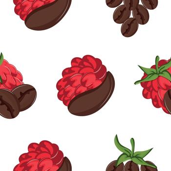 pattern on the theme of different coffee flavors, namely a combination of coffee and ripe pink raspberry fruits with a green tail on a white background vector